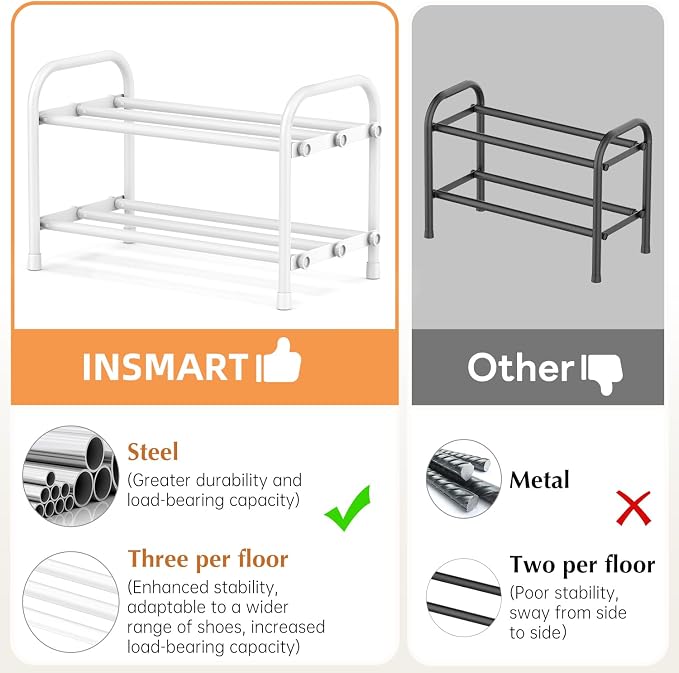 INSMART 2-Tier Expandable Shoe Rack:Stackable and Adjustable Shoes Organizer Storage Shelf, Sturdy and Durable Metal Structure Free Standing Shoe Rack for Closet Entryway Doorway, White
