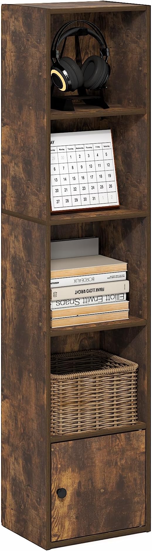 Furinno LUDER Book Shelf, 5-Tier Bookshelf with Open Shelf, Standing Bookcase with 1 Door Cabinet, 9.3 x 12 x 52, for Organization and Storage, for Living Room, Bedroom, Home Office, Amber Pine