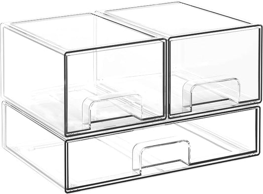 Stackable Storage Drawers, 3 Pack Clear Acrylic Makeup & Baby Bottle Storage Organizer, Versatile Storage Bins for Vanity, Under Sink, Kitchen Cabinets & Pantry (3 Pack)