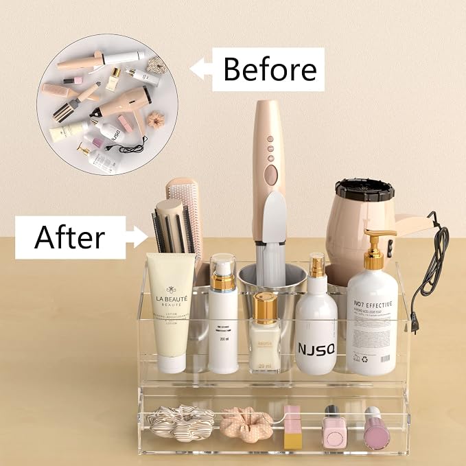 NIUBEE Acrylic Hair Tool Organizer with Drawer, Hair Dryer Holder Organizer | Clear, Hot Tools Organizer Countertop with 3 Cups, Hair Blow Dryer Storage for Curling Iron, Brush, Straightener, Bathroom