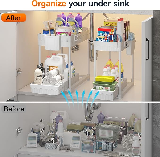 Sevenblue 4-Pack 2-Tier Under Sink Organizer with Pull Out Drawers | Multi-use kitchen & bathroom storage. Includes hanging hooks and cups. White, space-saving cabinet design. 14.8 Inch