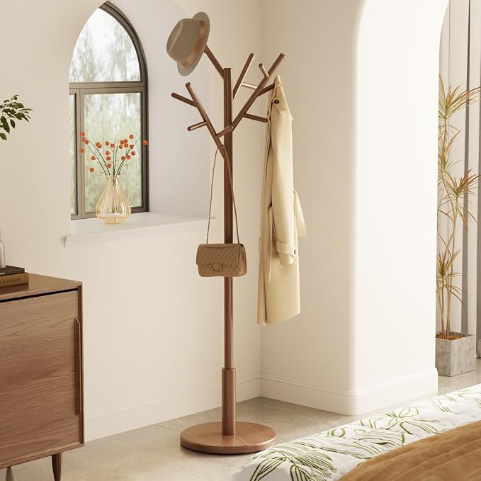 Coat Rack, Solid Wood Coat Rack Freestanding With 12 Hooks, Coat Tree Freestanding Heavy Duty 3 Adjustable Heights For Coat, Hats, Handbags, Coat Hanger Stand For Entryway, Bedroom, Walnut