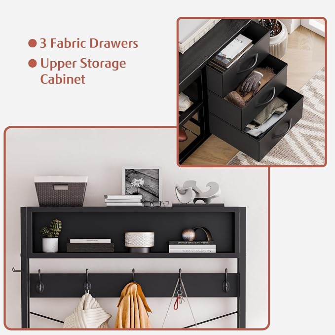 Hall Tree with Bench and 3 Drawers Storage, 31.5" Coat Rack Freestanding | Black, 6-in-1, Top Cubby, 12 Coat Hooks, Adjustable Shoe Rack, Sturdy Metal Frame, Entryway Organizer