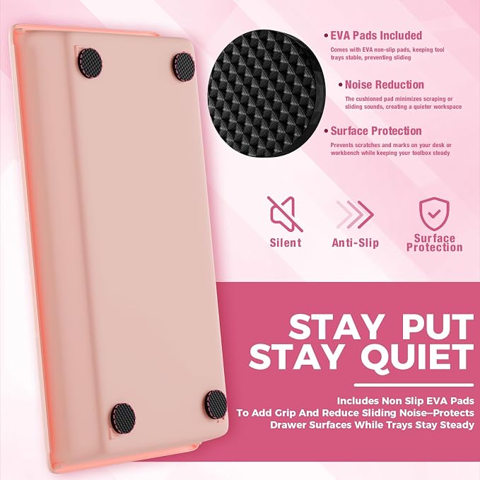 [6 PCS Extra-Large] Pink Drawer Organizer Trays with Non-Slip Pads, Interlocking Storage Bins for Vanity, Desk, Bathroom, Kitchen, Home Office and Utility Drawers