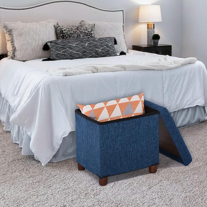 15 Inch Storage Ottoman with Wooden Legs - Cube Foot Rest Stool, Square Footstool, Comfortable Seat with Lid, Foldable Fabric Ottoman, Space-Saving Navy