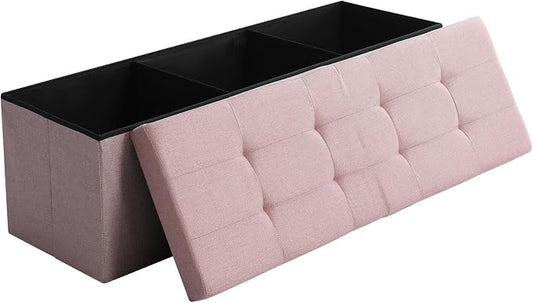 45.3 Inches Storage Ottoman Bench Foldable Seat Footrest Shoe Bench End of Bed Storage with Flipping Lid, 166L Storage Space, Linen Fabric Pink
