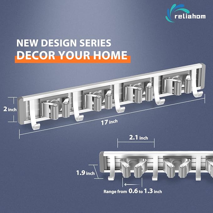 reliahom Broom Holder Wall Mount Mop Hanger Tools organizer 4Racks 5Hooks | Adjustable Mop Broom Wall Hanging Heavy duty Tools Storage Rack Space-saving for Garage,Kitchen,Laundry Room,Garden, Silver