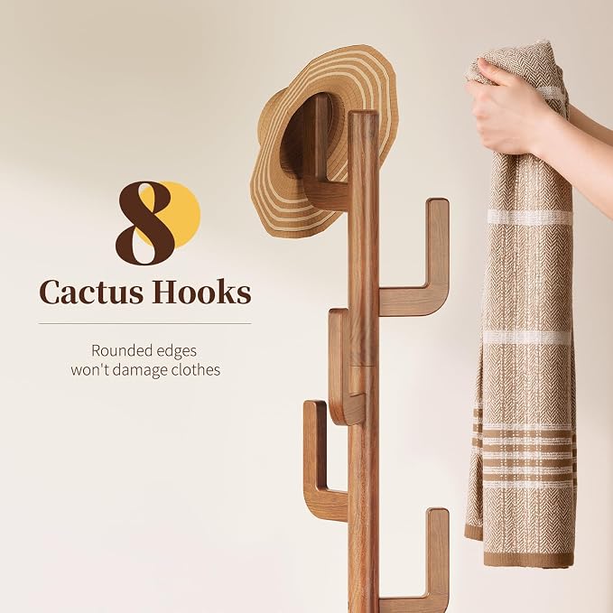 Yoobure Solid Wood Coat Rack - Cactus Coat Tree Freestanding with 8 Hooks, Coat Hanger Stand with 3 Adjustable Sizes for Jacket, Hat, Clothes Stands for Hall, Entryway, Bedroom, Office, Living Room
