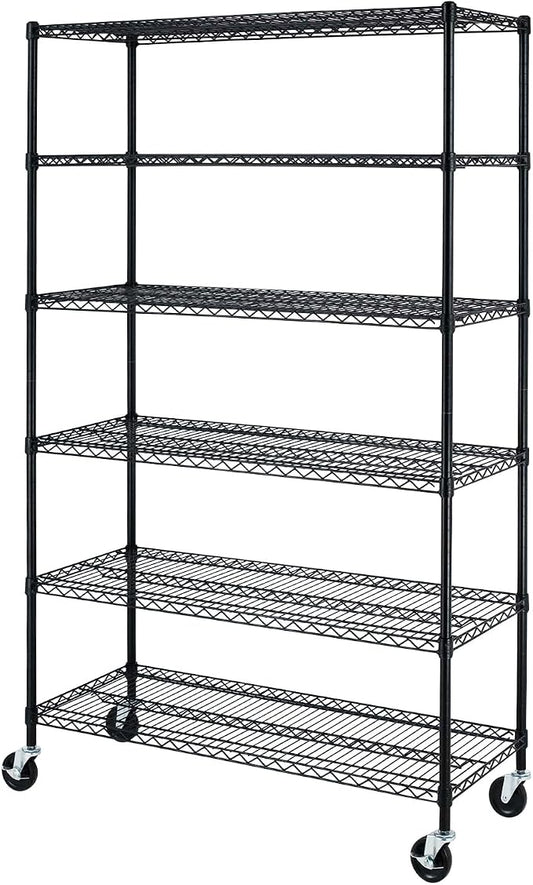 BestOffice Storage Shelves 6 Tier Metal Shelves Adjustable Heavy Duty Garage Shelving Wire Shelving Unit Capacity 6000LBS with Wheels for Kitchen, Garage Pantry Closet Commercial,Black