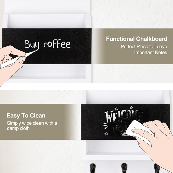 Key and Mail Holder for Wall, Key Holder with Chalkboard and Long Storage Box, Key Hanger with 3 Sturdy Hooks for Coat, Dog Leash, Entryway Mail Organizer (White)