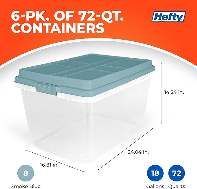 Hefty HI-RISE Stackable Storage Bins - Under Bed Storage Containers with Lids, Shoe Organizer, Plastic Storage Bins, Clear Shoe Boxes with XL Lid-Locking Latches, Durable Double Rim - 72qt (6 Pack)