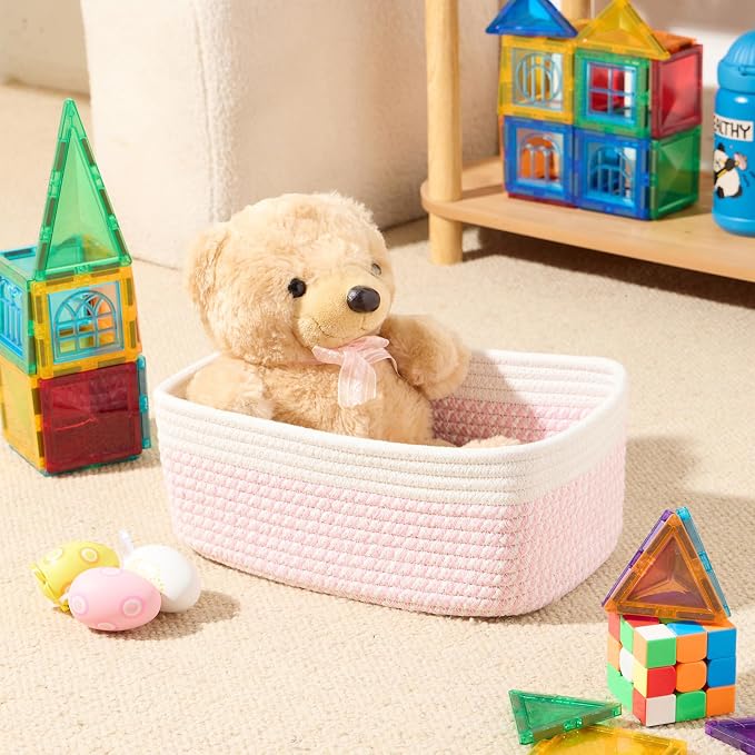 MiniArk Small Storage Baskets for Organizing | Closet Organizer Bins | Shelf Toy Basket | Woven Rope Baskets | Cube Decorative Box | Shallow Basket | 11.5x7.5x4.7” | 3 Packs White Pink