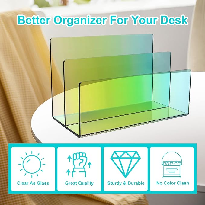 Boloyo Acrylic File Holder,1PC 2 Sections Rainbow File Organizer Mail Letter Sorter Desktop Folder Holder for Home Office School Envelope Bill Filling Paper Document