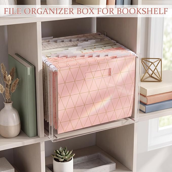 Dispowreath 24 Hanging File Folder with Acrylic Organizer for Letter/a4 Size Desktop Clear File Storage Box with Handles for Home Work Office Use (Geometric)