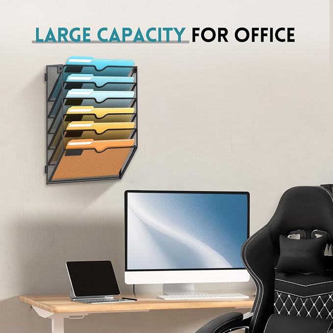 SUPEASY 6 Tier Wall File Organizer, Hanging Wall Mounted Mail Organizer with Label Slots, Metal Mesh File Holder Magazine Rack for Office, Home, School or Classroom, Black, 2Pack