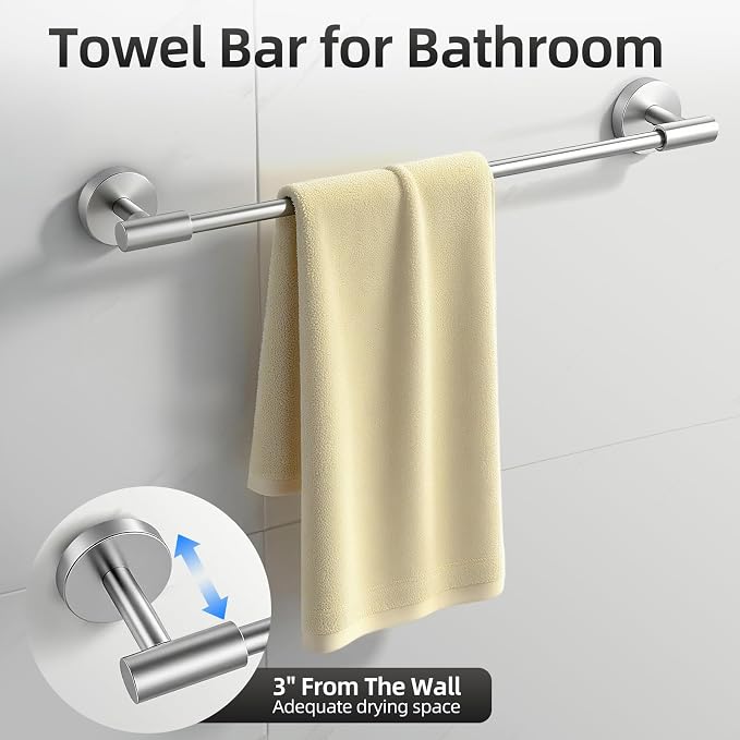 Brushed Nickel Bathroom Hardware Set 5 PCS, Towel Bar Set Brushed Nickel, Bathroom Accessories Fixtures Stainless Steel, Towel Racks for Bathroom, Bathroom Towel Holders, Towel Hooks & Rings, 19in