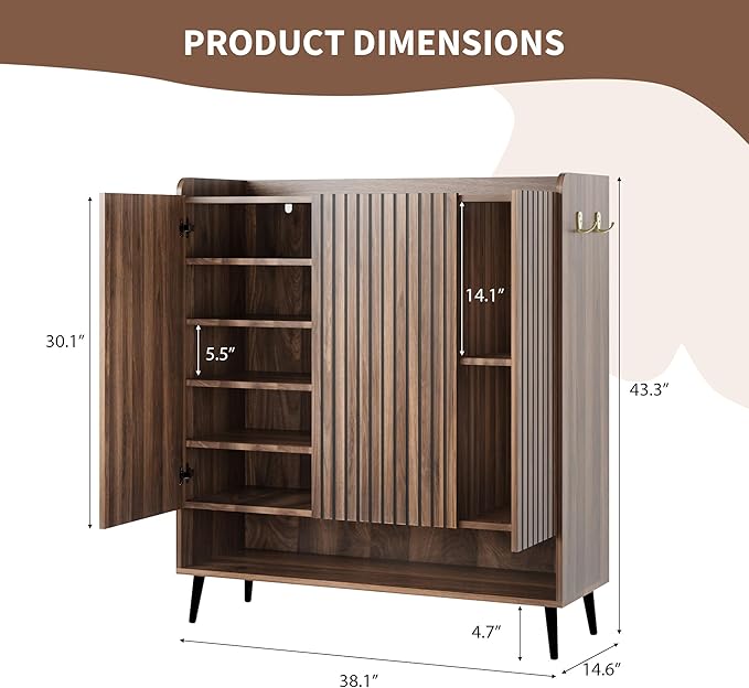 GarveeHome Shoe Cabinet, Large Shoe Cabinet with 3 Doors, Adjustable Shelves, Shoe Organizer with Doors for Hallway, Entryway, Living Room,Nut-Brown