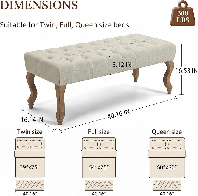 40" Accent Bench, Upholstered Tufted Ottoman Bench French Vintage Entryway Bench Linen Fabric Padded Bench with Distressed Wood Legs for Dining Room, Foyer, Living Room, Bedroom, Beige