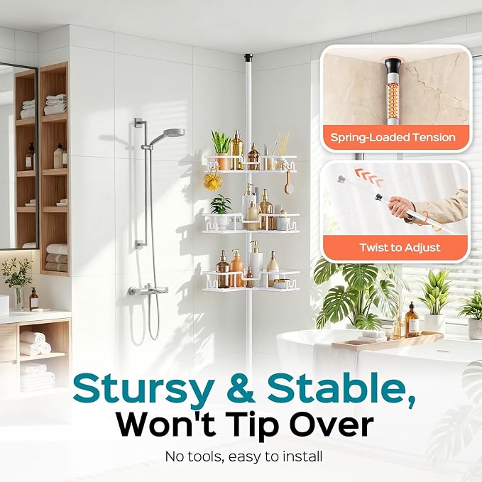 HAMITOR Corner Shower Organizer, 4-Tier Tension Pole Caddy with Hook, White | Rustproof Large Capacity Bathroom Essentials, No Drilling. Heavy Duty, Adjustable For Family, Apartment, Dorm 47.72-123.6in