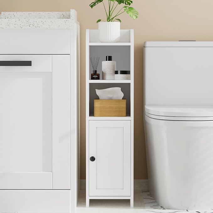 Homhedy Small Bathroom Storage Cabinet, Narrow Toilet Paper Cabinet | Corner Floor Cabinet with Door and Shelves, Slim Bathroom Cabinet for Small Spaces, 9.8" D x 7.9" W x 31" H, White