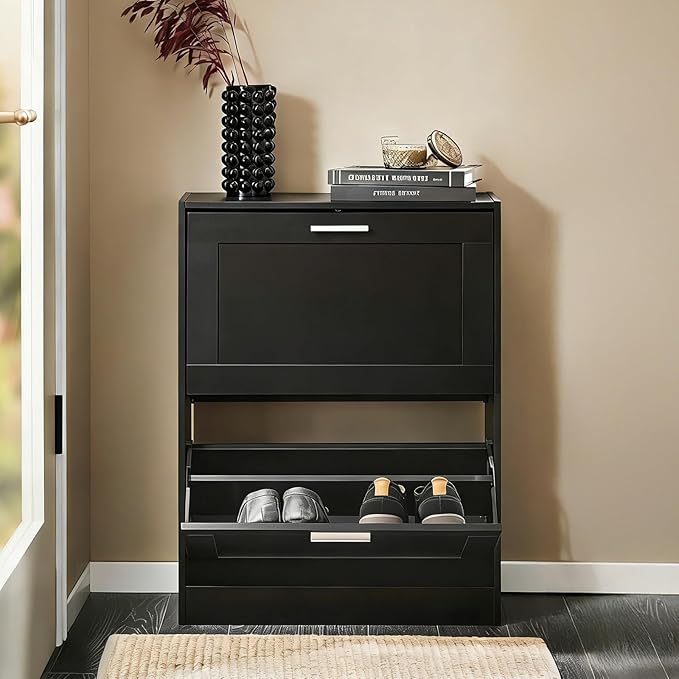 Haotian Shoe Cabinet Storage for Entryway | Narrow Shoe Cabinet with Two Flip Drawers to Save Space, Shoe Rack Cabinet for Front Door Entrance Hallway (Black)