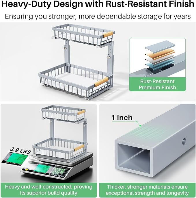 Kitstorack Under Sink Organizer, 2 Tier Under the Sink Storage, Slide out Pull out Cabinet Organizer Shelf, Metal Sliding Drawer for Kitchen Bathroom Pantry Closet Organization Rack, Grey, 1 Pack