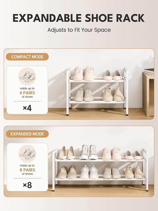 Bumusty 2 Tier Expandable Shoe Rack for Closet, White | 18"-33" Adjustable Shoe Rack for Entryway, Small Shoe Organizer for Dorm, Front Door, Sturdy Metal