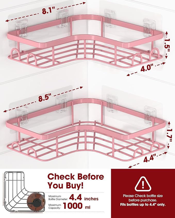 Sakugi Corner Shower Caddy - 2 Pack, Adhesive Shower Organizers, Rustproof Stainless Steel Shower Shelves with 8 Hooks, No Drilling Bathroom Organizers and Storage Racks, Space-Saving, Pink, Medium