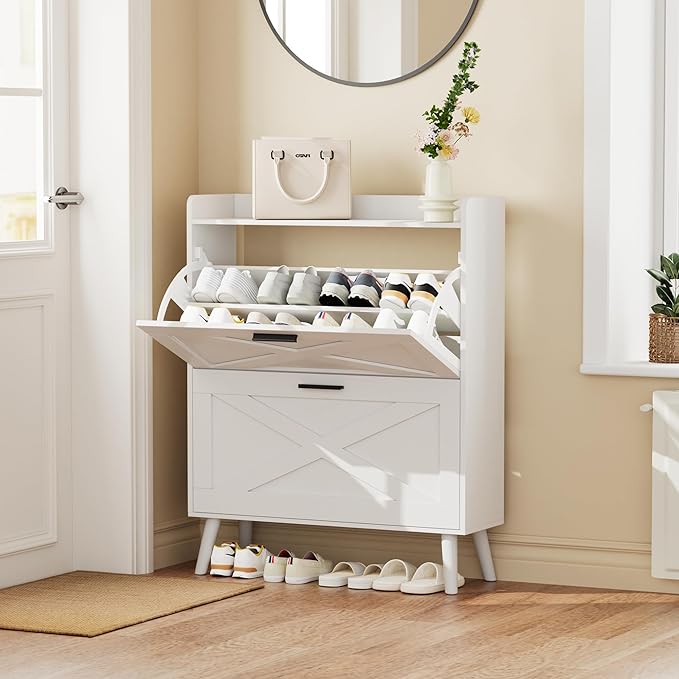 Homleke Farmhouse Shoe Storage Cabinet with Flip Drawers & Barn Door Design | Slim Narrow Shoe Rack Cabinet with Adjustable Shelves & Hidden Storage for Entryway, Foyer, Hallway, Living Room, White