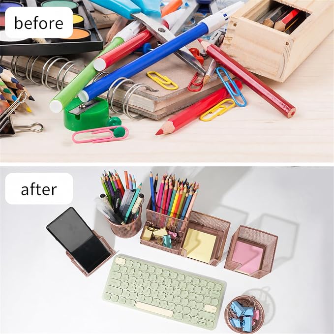 Desk Organizer for Office, 6 Pieces Mesh Desk Multi-functional Storage Set Office Supplies Accessories (Rose Gold)