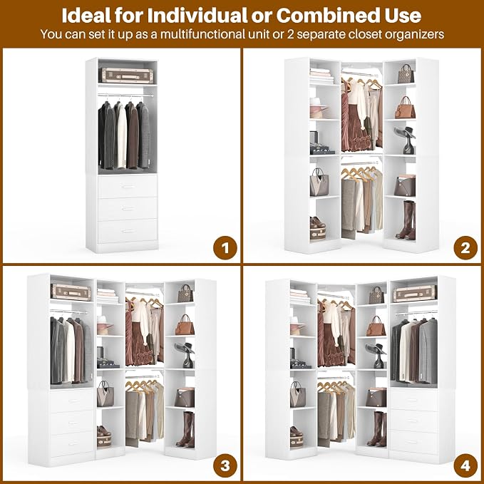 Besiost Corner Closet System with 3 Drawers, Corner Closet Organizer System with 13 Shelves & 3 Hanging Rods, 63.2"L * 39.2"W Reversible L Shaped Walk-in Closets, Load 2000+LBS, White