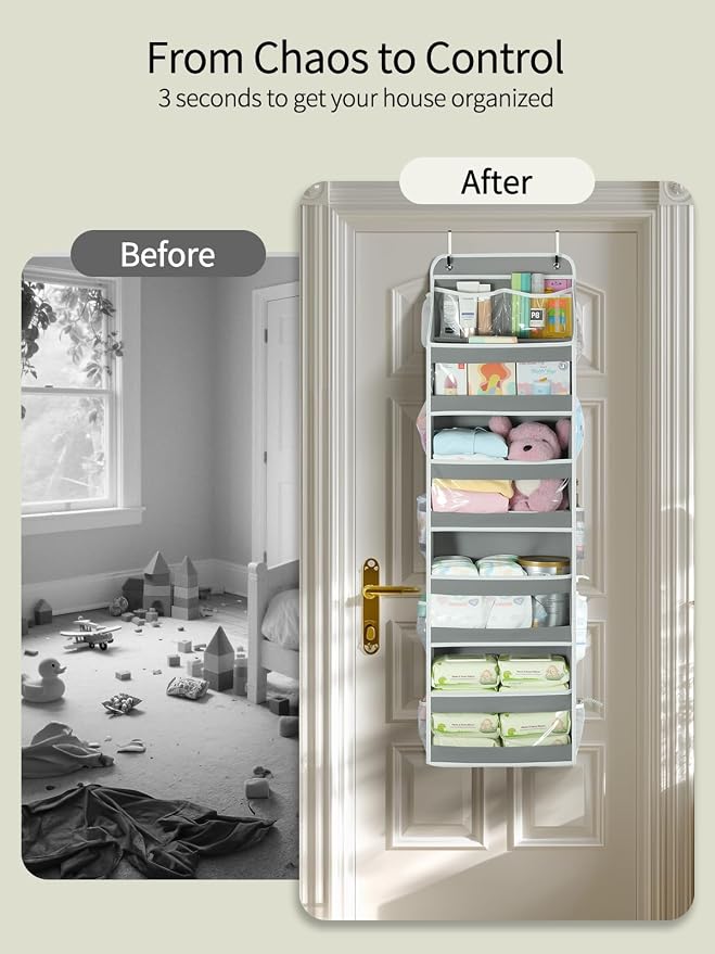 Yecaye 5 Tier Over the Door Organizer, Swing-proof Door Organizer Hanging with Clear PVC Windows, Behind the Door Storage for Bedroom Nursery Closet Laundry Pantry Bathroom, Grey