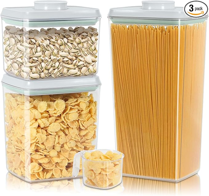 3 Pack Pasta Sugar Storage Containers with Pop-up Lid 1.26 + 2.11 + 3.48 Qt | Airtight Food Storage Container for Flour, Rice, Spaghetti, Nuts, Snack, Candy, Dog Treat, Kitchen Pantry Organization