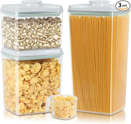3 Pack Pasta Sugar Storage Containers with Pop-up Lid 1.26 + 2.11 + 3.48 Qt | Airtight Food Storage Container for Flour, Rice, Spaghetti, Nuts, Snack, Candy, Dog Treat, Kitchen Pantry Organization