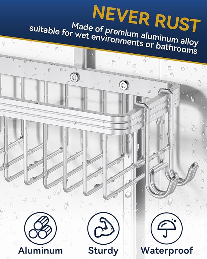 YASONIC Never Rust Shower Caddy Hanging, Aluminum Shower Racks for Inside Shower, 2-Tier Shower Organizer Hanging Over Shower Head with Hooks and Soap Holder, Silver