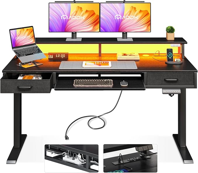 AODK 55 Inch Electric Standing Desk with Drawers & Keyboard Tray, Black | 3 Outlets & 2 USB Ports, LED Lights, Monitor Stand, Cable Management Tray, 3 Memory Heights, 29.9"-46.1" in Range