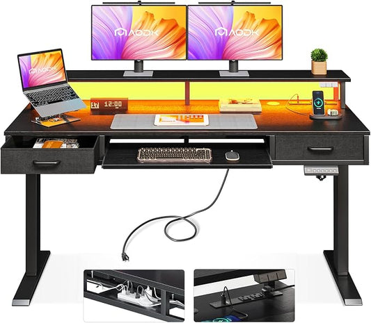 AODK 55 Inch Electric Standing Desk with Drawers & Keyboard Tray, Black | 3 Outlets & 2 USB Ports, LED Lights, Monitor Stand, Cable Management Tray, 3 Memory Heights, 29.9"-46.1" in Range