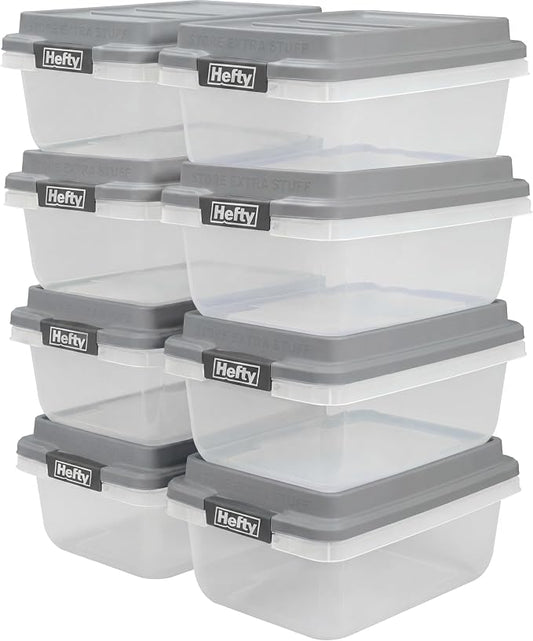 Hefty 18 Qt Hi-Rise Storage Bin with Lid, Stackable Plastic Storage Container, Organizer for Home, Garage & Closet, 8 Pack, Gray