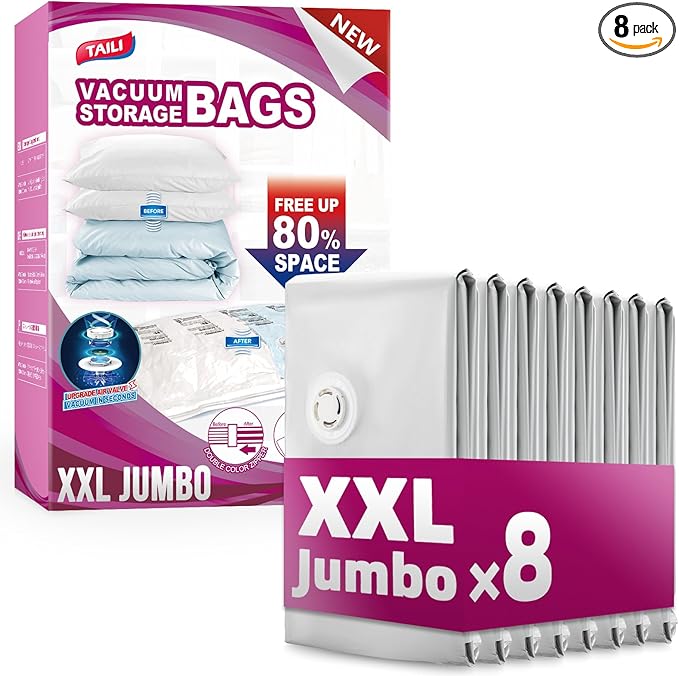 TAILI 8 Pack Vacuum Storage Bags, XXL Jumbo (47x39 Inch), Cream | Vacuum Seal Bags for Clothing, Comforter and Blankets, Bedding, Giant Space Saver for Huge Stuffed Toy