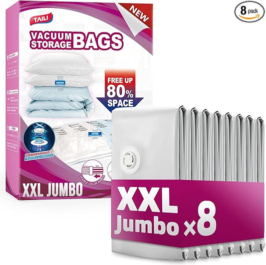 TAILI 8 Pack Vacuum Storage Bags, XXL Jumbo (47x39 Inch), Cream | Vacuum Seal Bags for Clothing, Comforter and Blankets, Bedding, Giant Space Saver for Huge Stuffed Toy