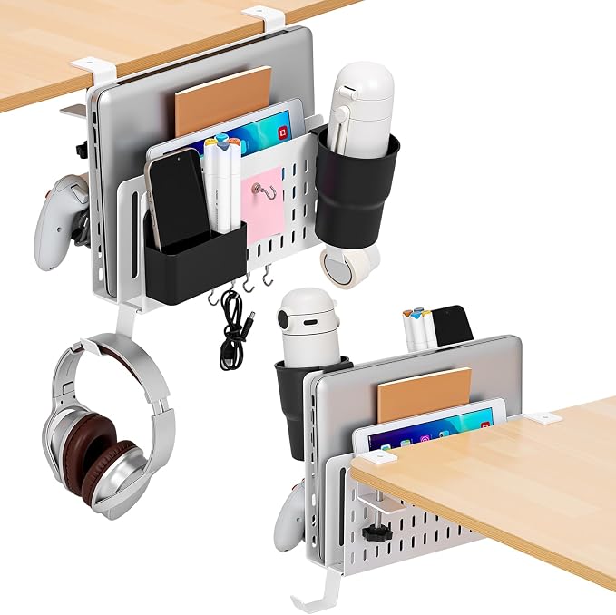 Desk Side Storage Organizer Set No Drill Under Desk Laptop Stand Organizer with Cup Pen Holder Headphone Hanger and Magnet Hook for Office Home Table Fits Edge 0.2" to 2.2"(Double,White)