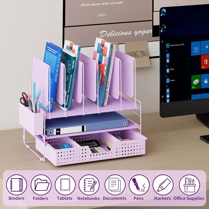 LEKETREE Desk Organizer, Office Organization with Vertical File Holder, File Organizer with Drawer and Pen Holder, Desk Accessories and Workspace Organizers for Home Office (Purple)