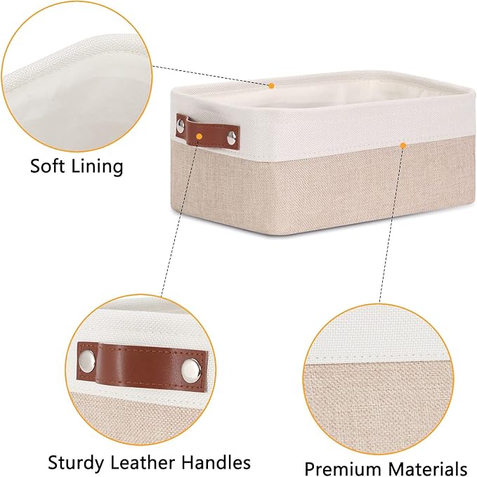 DULLEMELO Small Storage Bins, Storage Baskets for Organizing, Collapsible Rectangular Fabric Baskets for Shelves, Closets, Nursery, Home, Office, Empty Gift Baskets (6-Pack, White&Khaki)