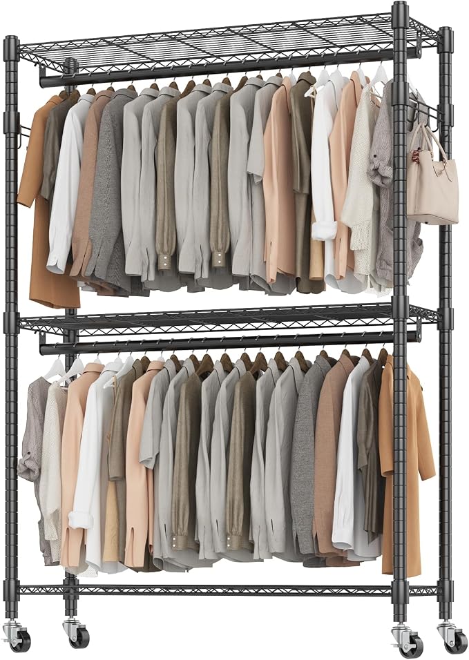BATHWA Heavy Duty Rolling Clothes Rack with Wheels, 640 lb Hanger Rack & Garment Rack, 25mm Metal Freestanding Portable Closet, 2 Rods + Adjustable Shelves for Hanging Clothes