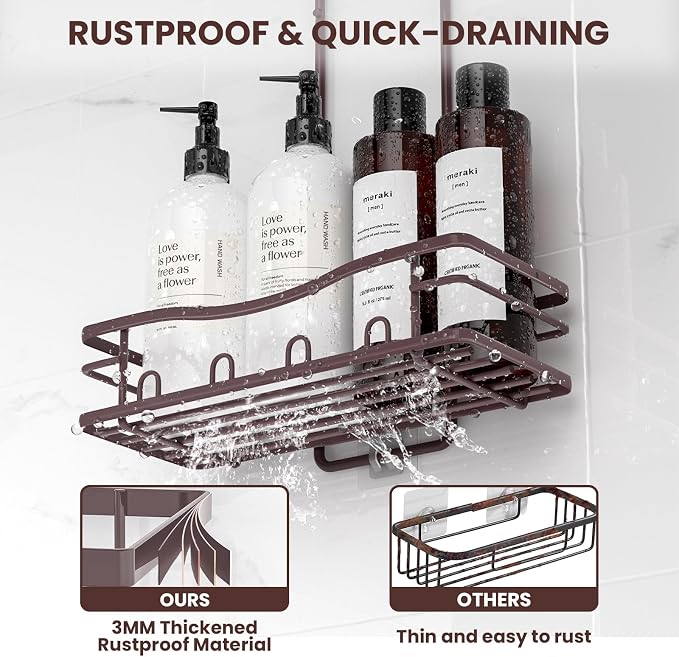 Rustproof Shower Caddy Hanging with Soap Holders for Bathroom, Bronze | Shower Organizer with Multi Hooks Toothbrush Holder, No Drilling, Anti-Swing, Storage for Shampoo Conditioner Body Wash
