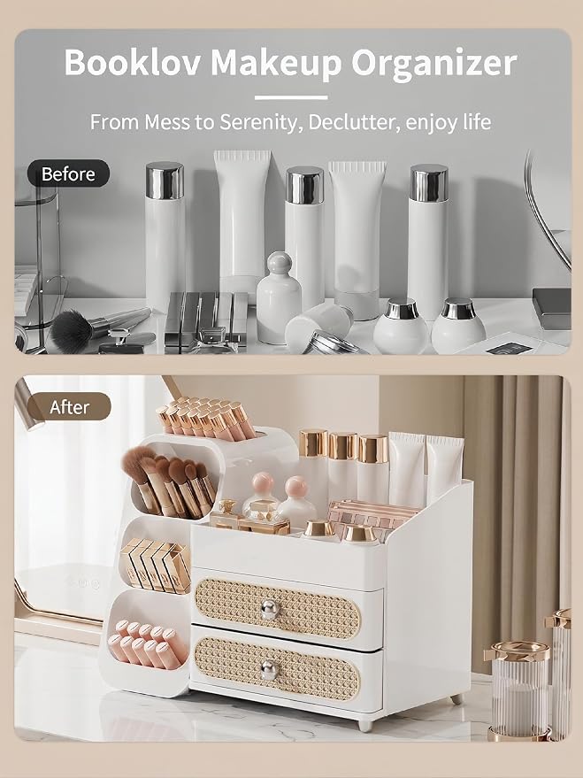 Booklov Large Makeup Organizer for Vanity Countertop, White | Plastic Cosmetic Display Case with Drawers, Beauty Brush Holder for Bathroom Counter, Skin Care Perfumes Storage