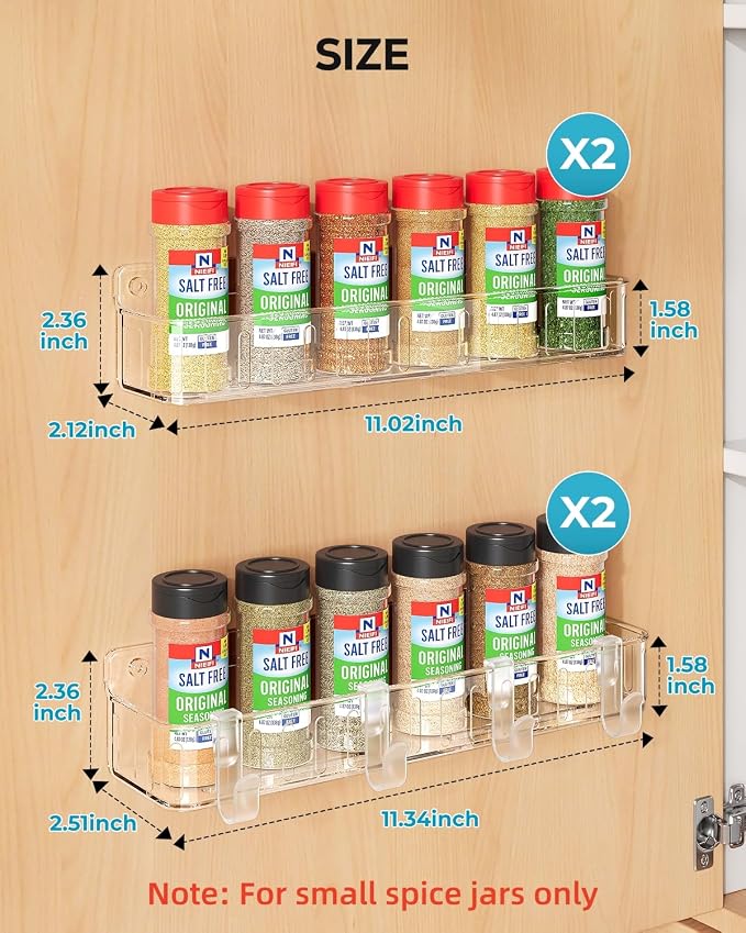 Nieifi Spice Rack Wall Mount, 4 Pack Clear, 2" Depth, Screw/Adhesive | Wall-Mounted with Removable Hooks Saves Counter Space, Fits 2" Deep Jars, Ideal for Kitchen Cabinets, Pantry Doors, and RVs.
