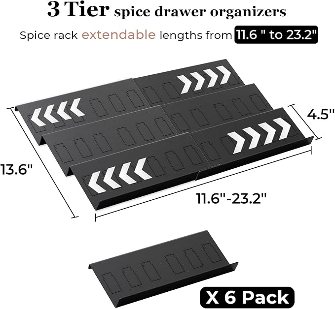 Famhap Spice Drawer Organizer Expandable 6 PCS for 11.6"-23.2" Wide Drawer | Durable Plastic, Slanted Seasoning Drawer Organizer, Use for Kitchen Spices Cosmetics