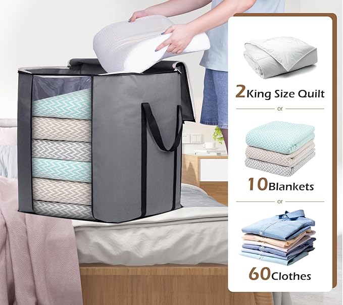 SLEEPING LAMB 120L Oversized Blanket Storage Bags Sturdy Fabric Clothes Storage Containers for King Comforter Bedding Pillow Sheet, Grey, 3 Packs