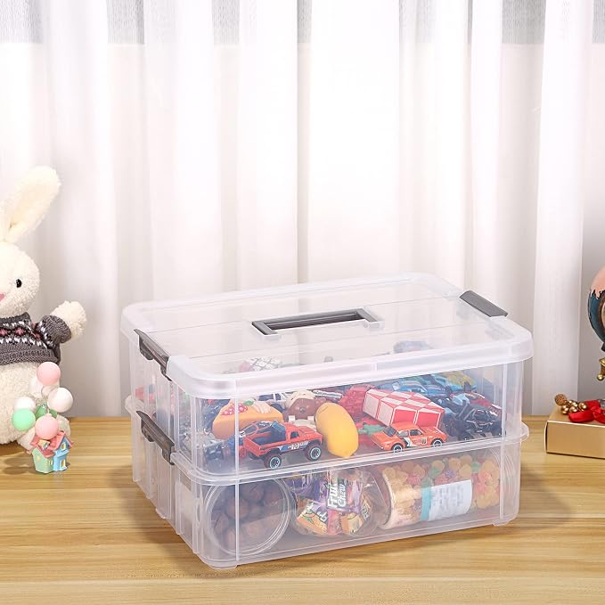 JUXYES 2-Tiers Plastic Stack Carry Storage Containers Box wih Handle Lids | Clear Stackable Latching Craft Storage Bin for School Office, Organizing Stationery, Sewing, Art Craft, DIY Supplies, Gray